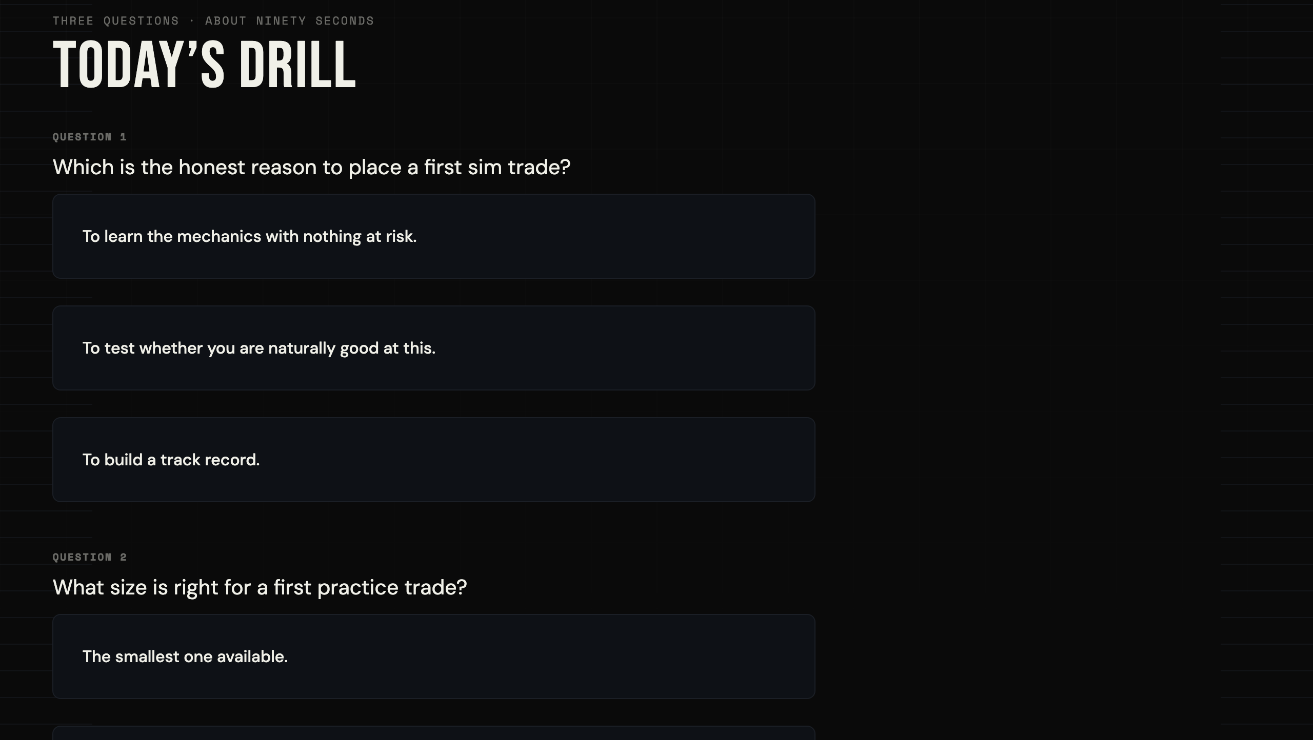 The Daily Drill screen showing a recall question with multiple choice answers.