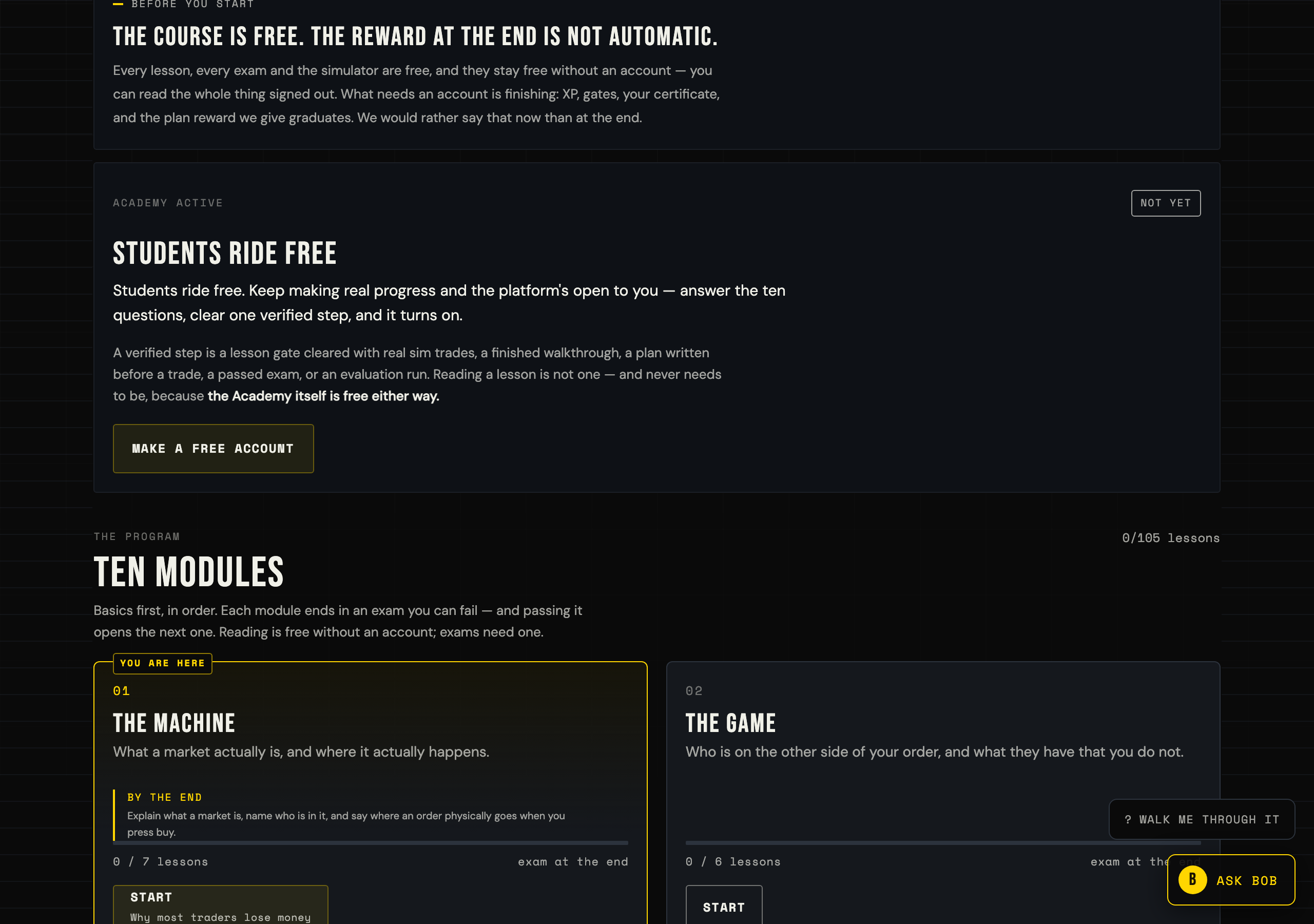 The Bidness Academy home screen, listing the ten course modules in order.